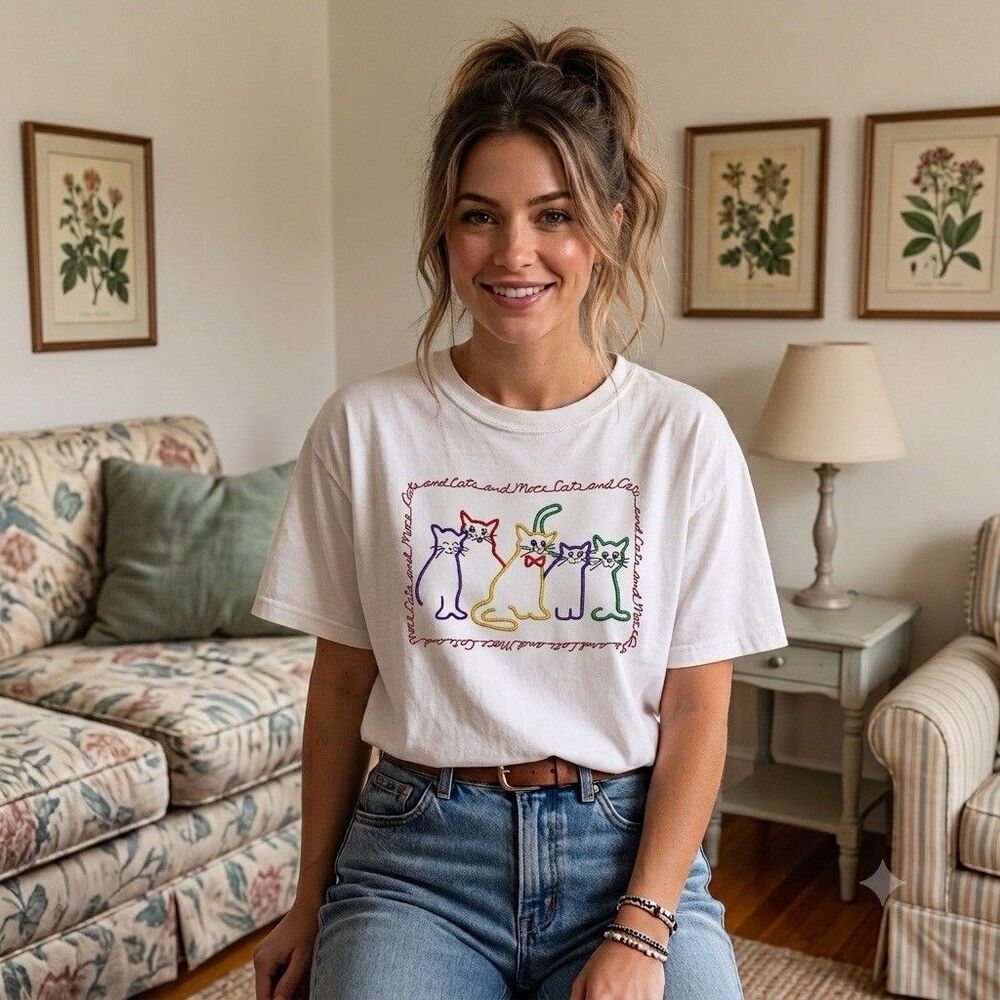 Embroidered Cat T Shirt Women's Size M More Cats Crewneck Vintage 90s Butter Mom